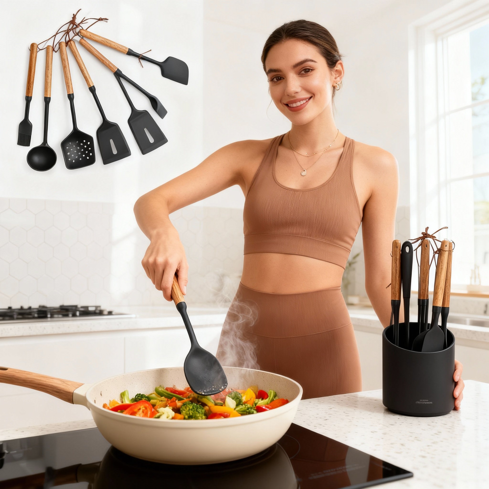 Black Silicone Wooden Handle Cooking utensils.
