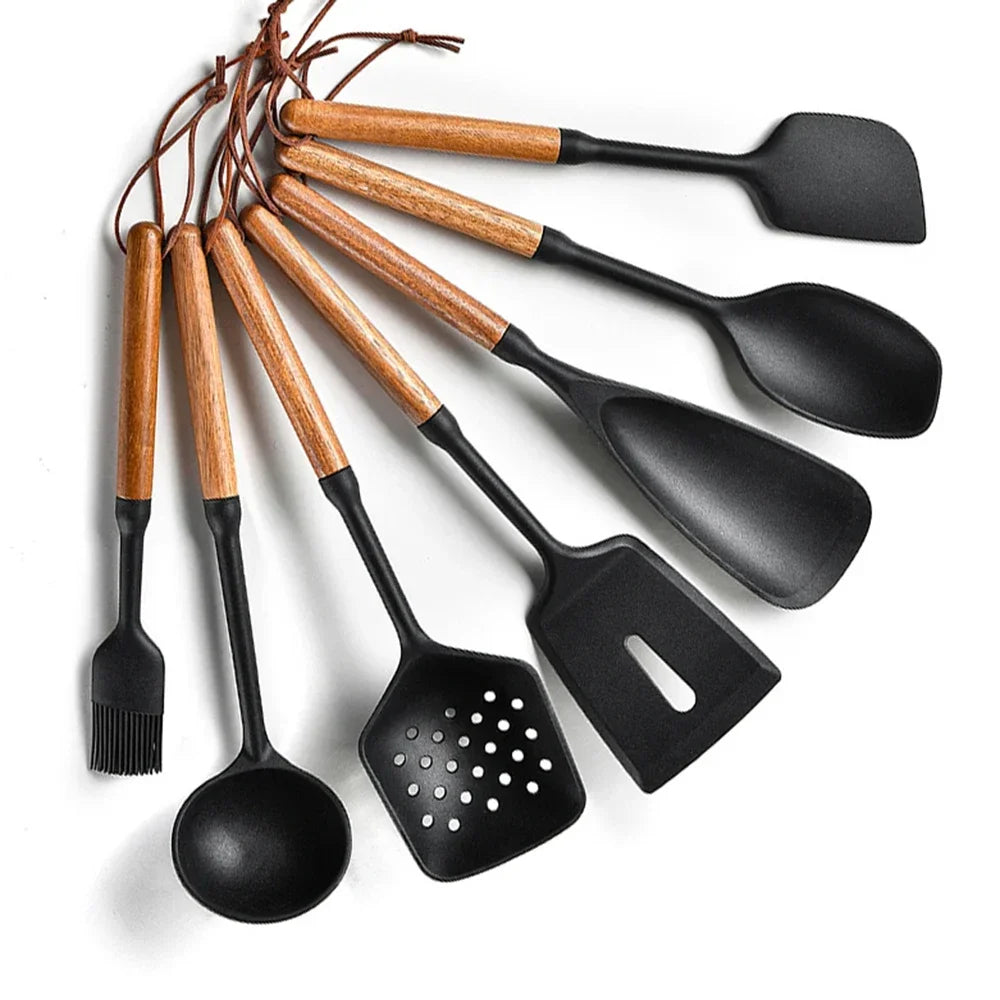Black Silicone Wooden Handle Cooking utensils.