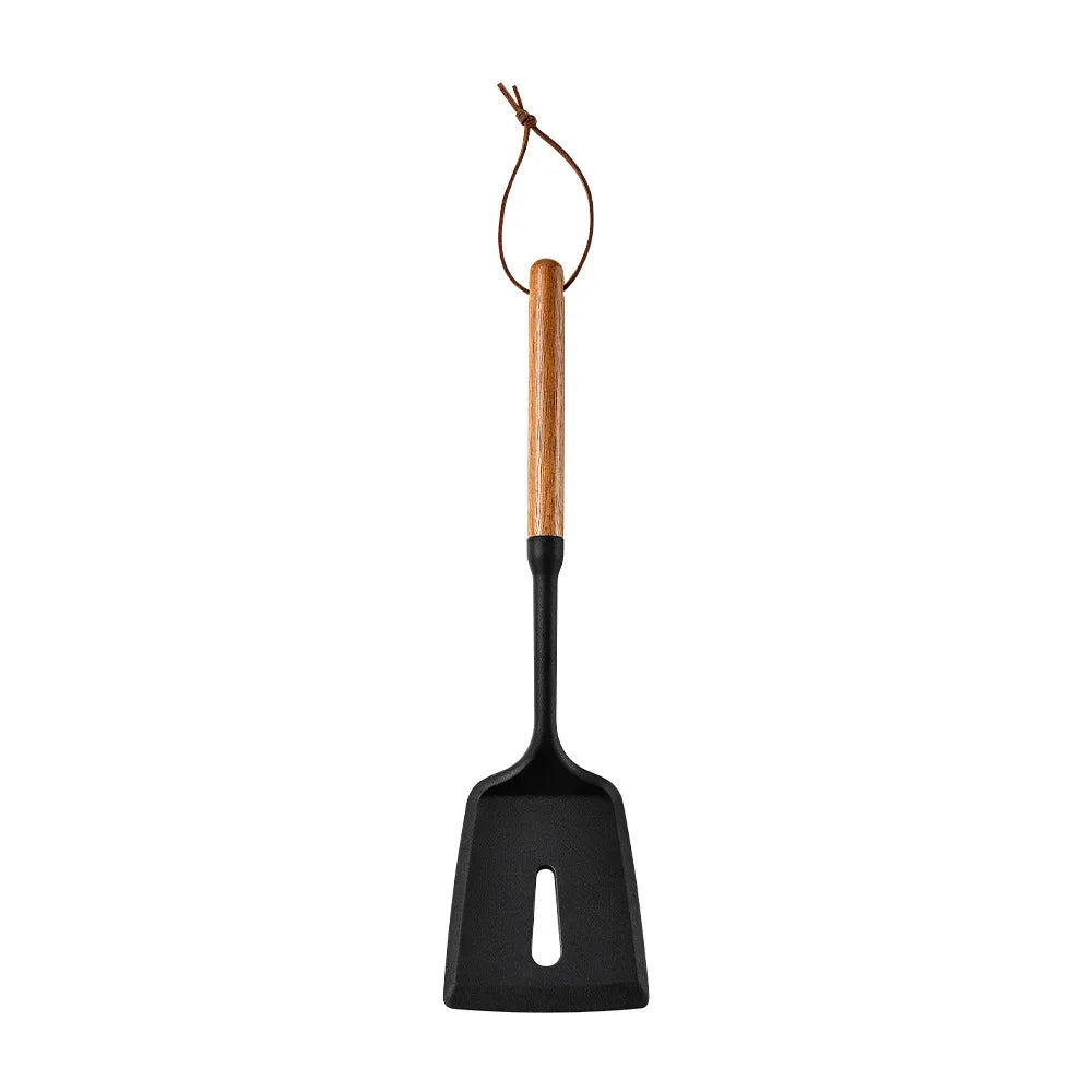 Black Silicone Wooden Handle Cooking utensils.
