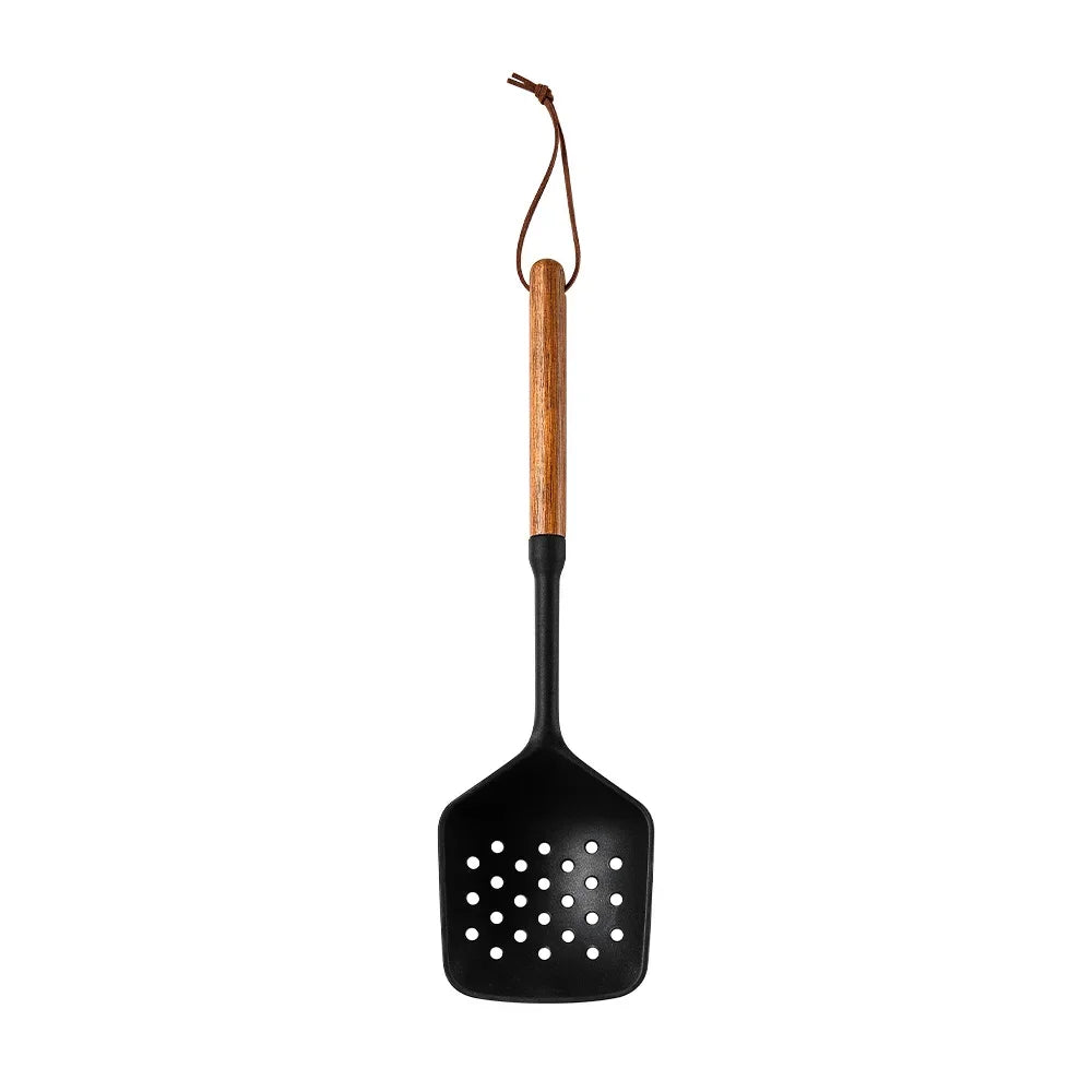Black Silicone Wooden Handle Cooking utensils.